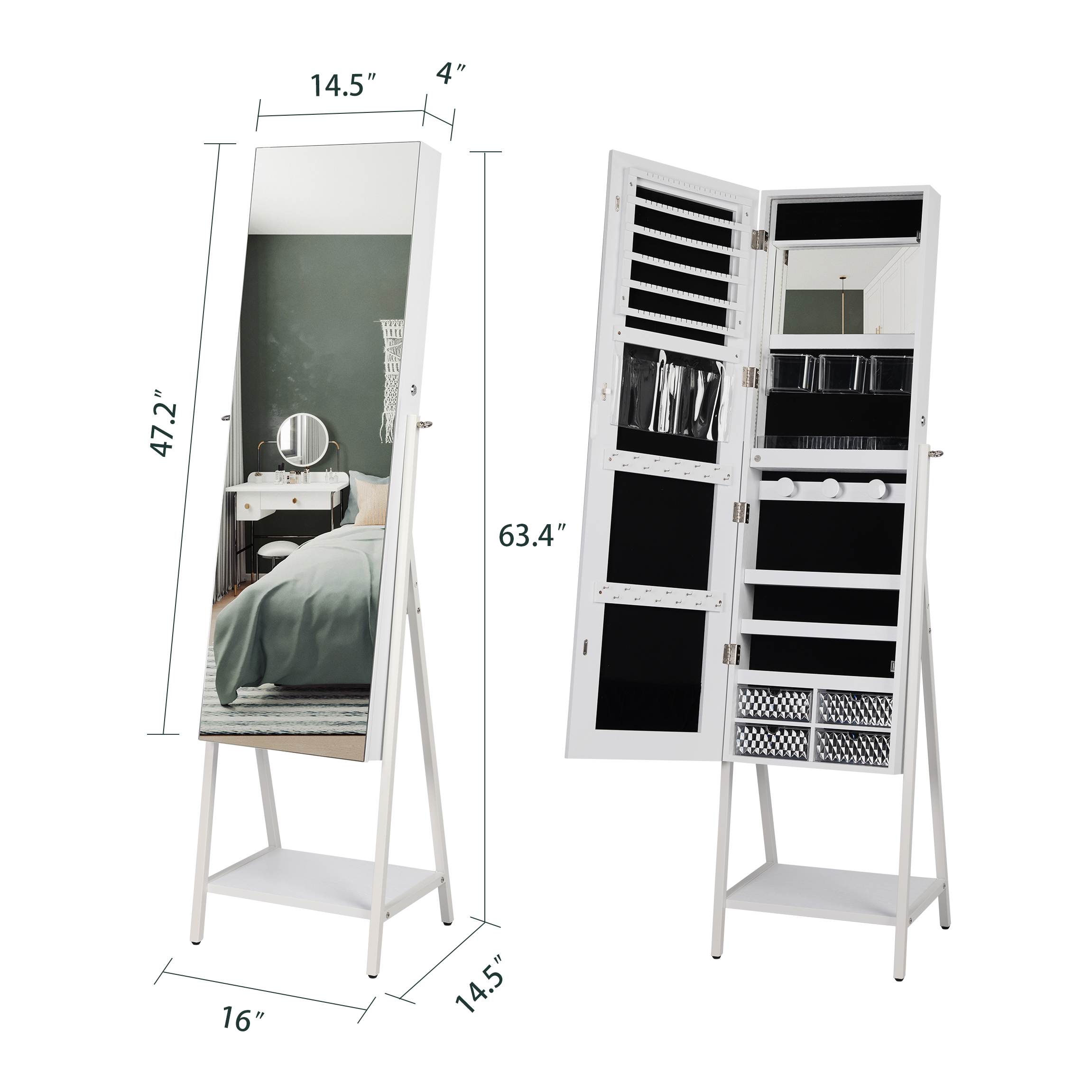 LVSOMT Freestanding Jewelry Cabinet with Full-Length Floor Standing Mirror