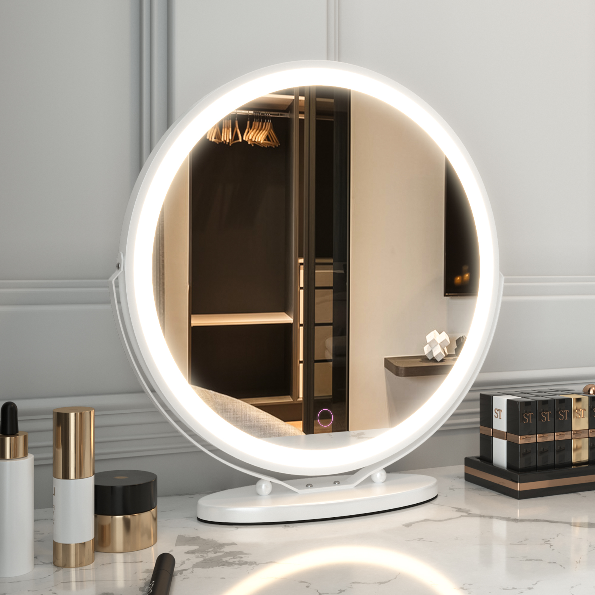  Vanity Makeup Mirror with Lights, 3 Color Lighting Dimmable LED Mirror, Touch Control, 360°Rotation, High-Definition Large Round Lighted Up Mirror for Bedroom Table Desk （gold)