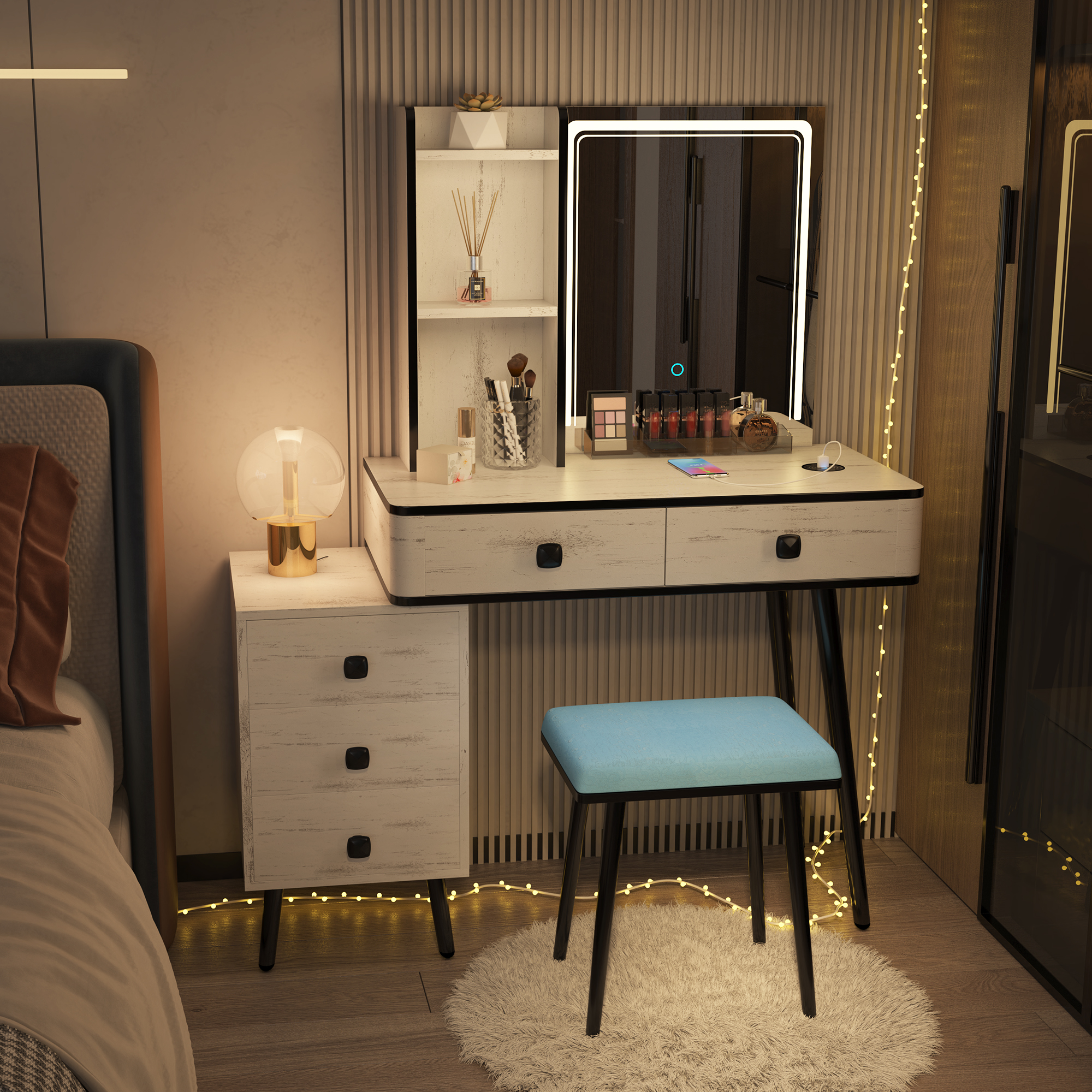 LVSOMT Vanity Table with LED Mirror and Multiport Charging Station