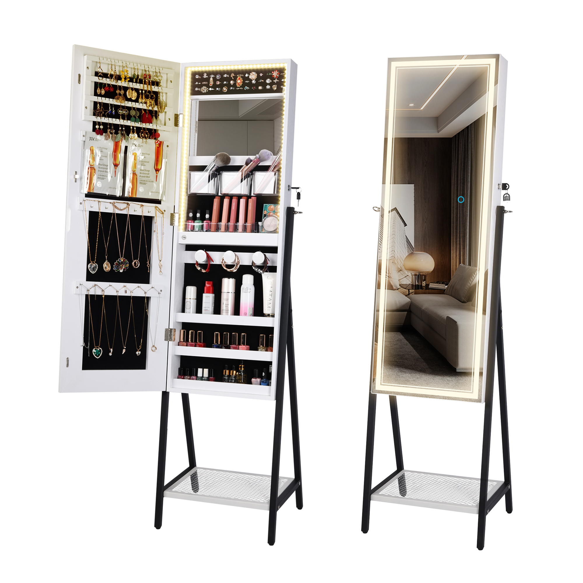 LVSOMT Standing Jewelry Cabinet Makeup Mirror with Led Light Full Body Mirrors