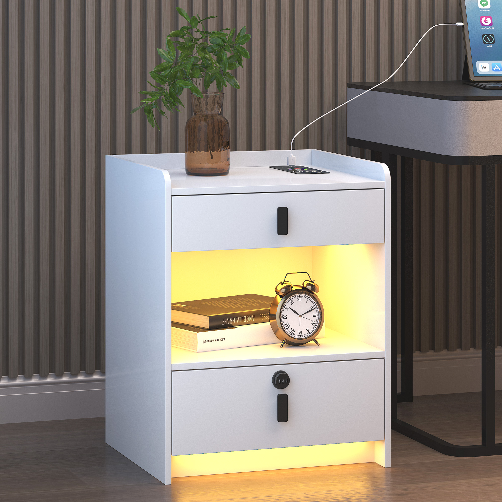 LVSOMT Led Light Nightstands With 2 Large Drawers 2 Use Ports 1 Shelf