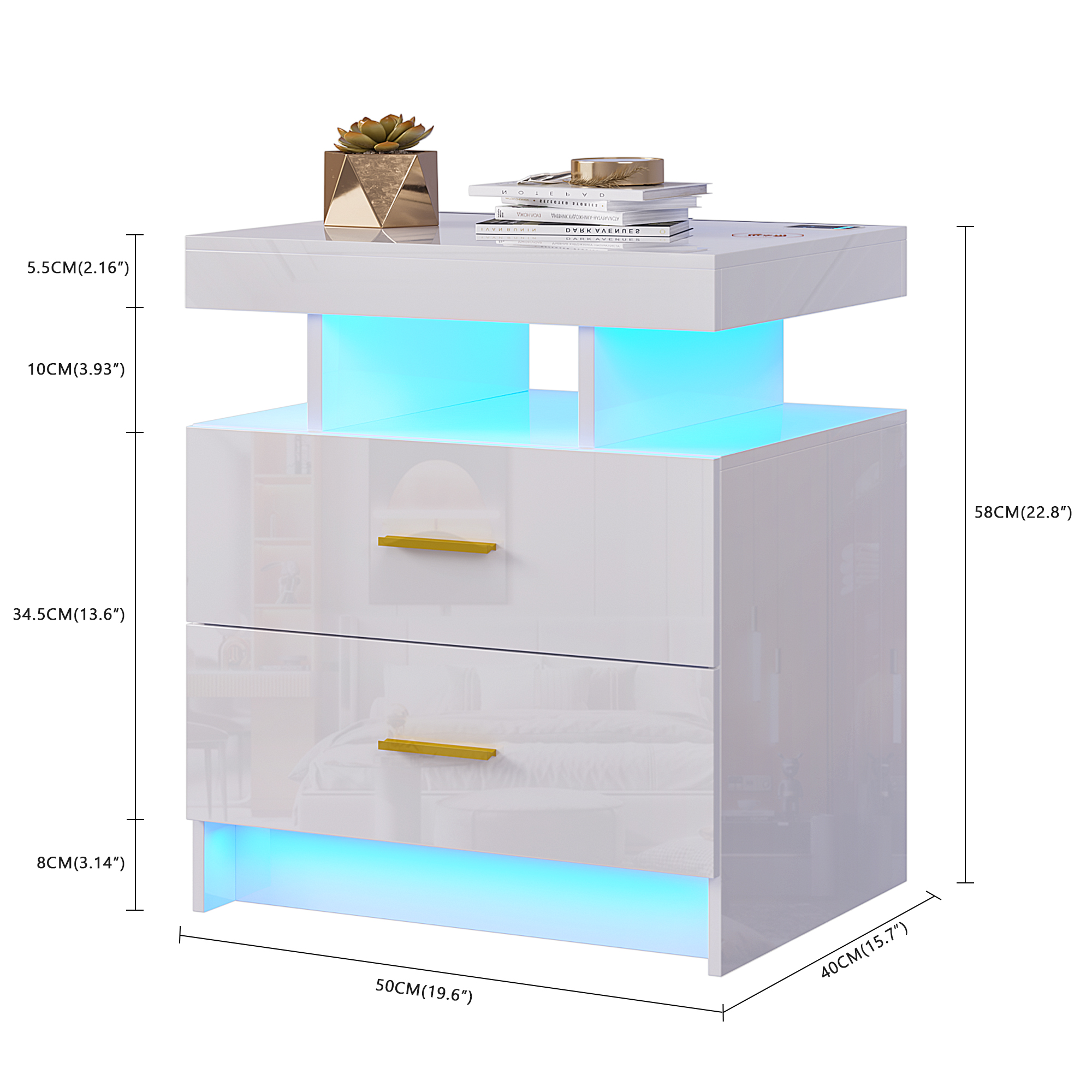 LVSOMT Led Light Nightstands With Usb Ports And Wireless Charging Station