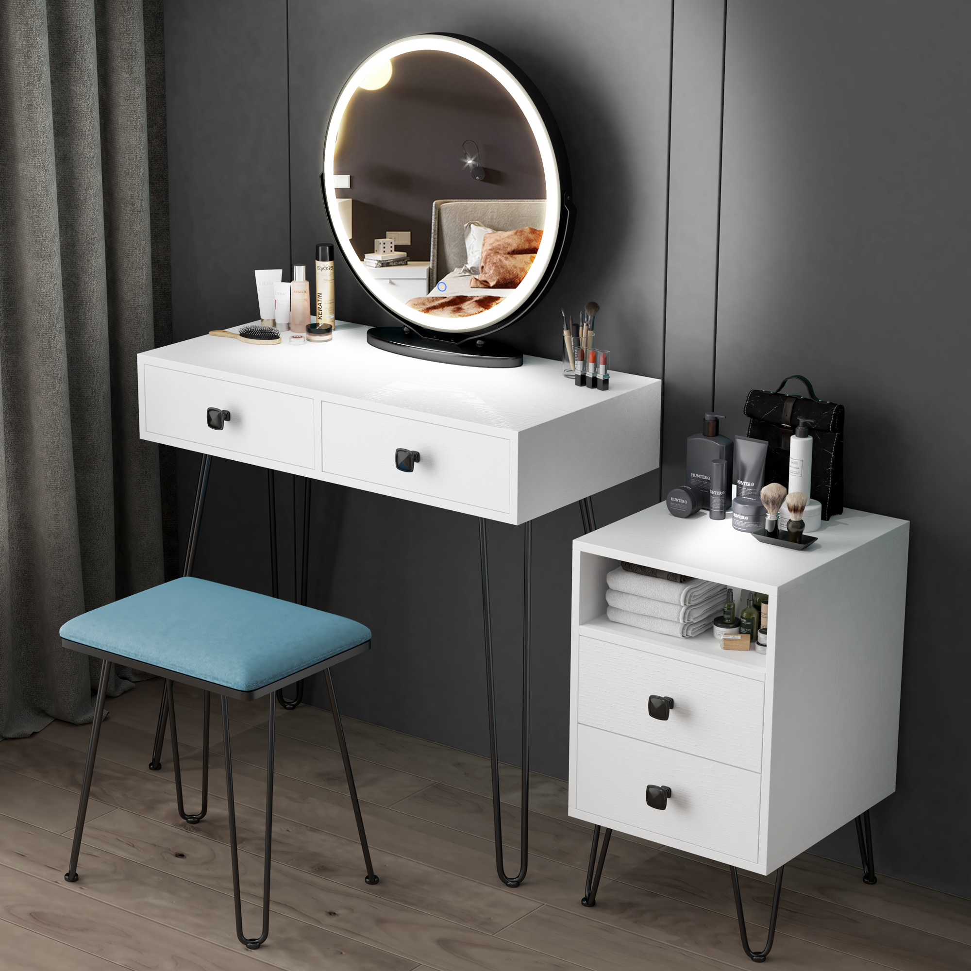 LVSOMT Pure white Makeup Vanity Set with Mirror & Stool
