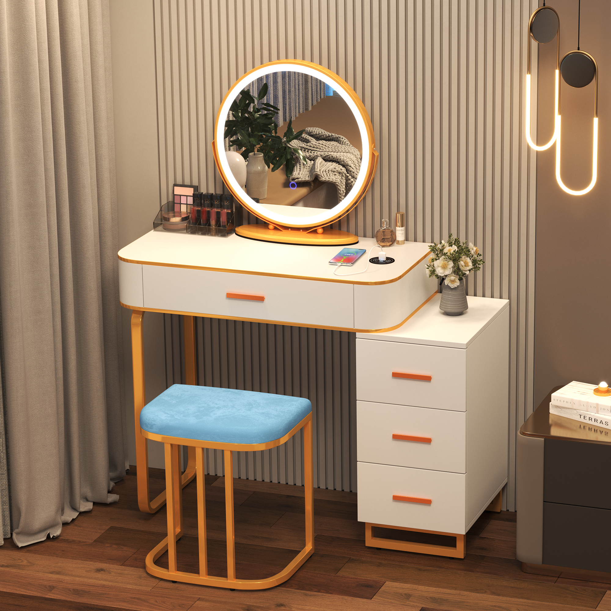 LVSOMT Vanity Table with LED Mirror and Wireless Charging Station