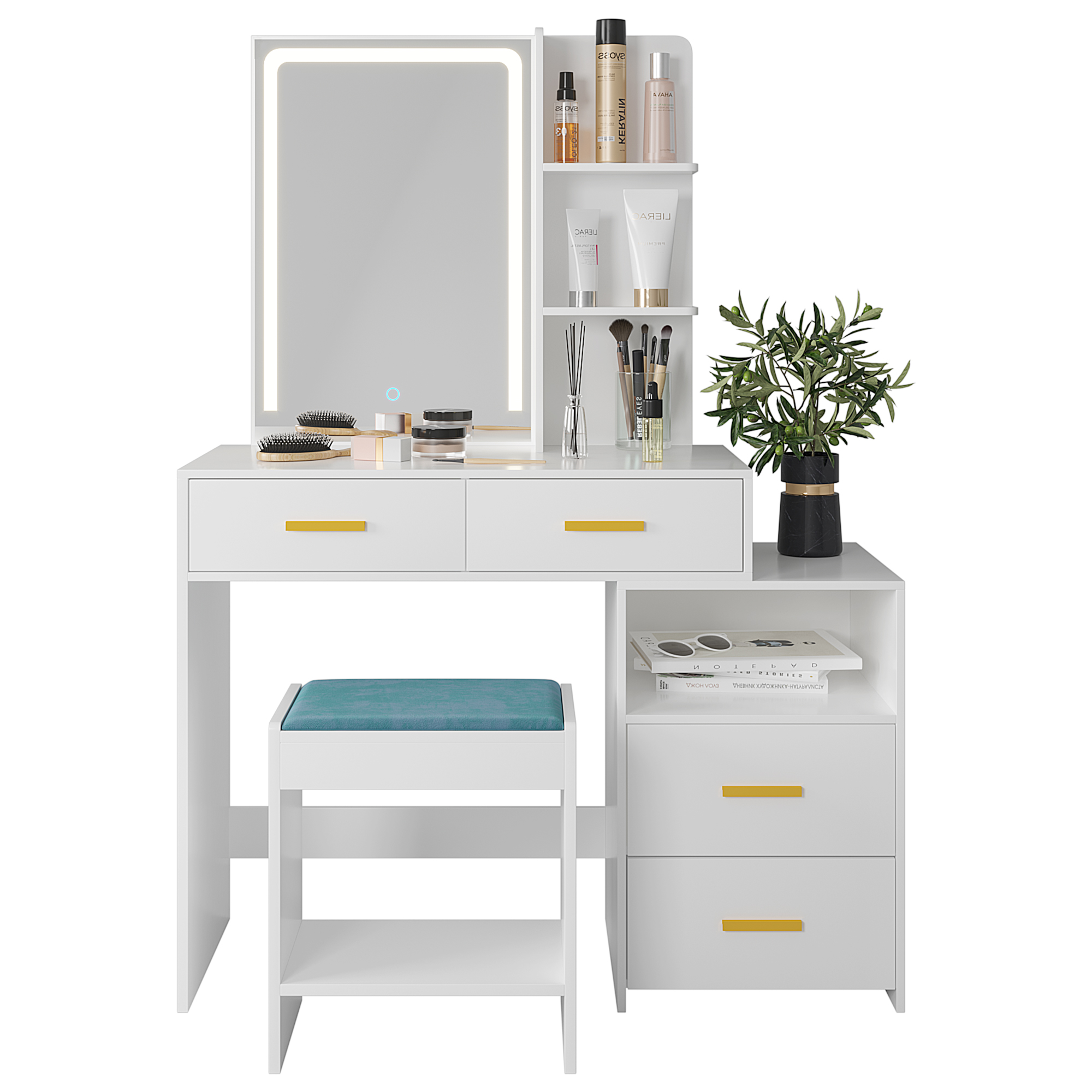 LVSOMT Makeup Vanity Set with Stool and Led Mirror, White, 31.5" Wide