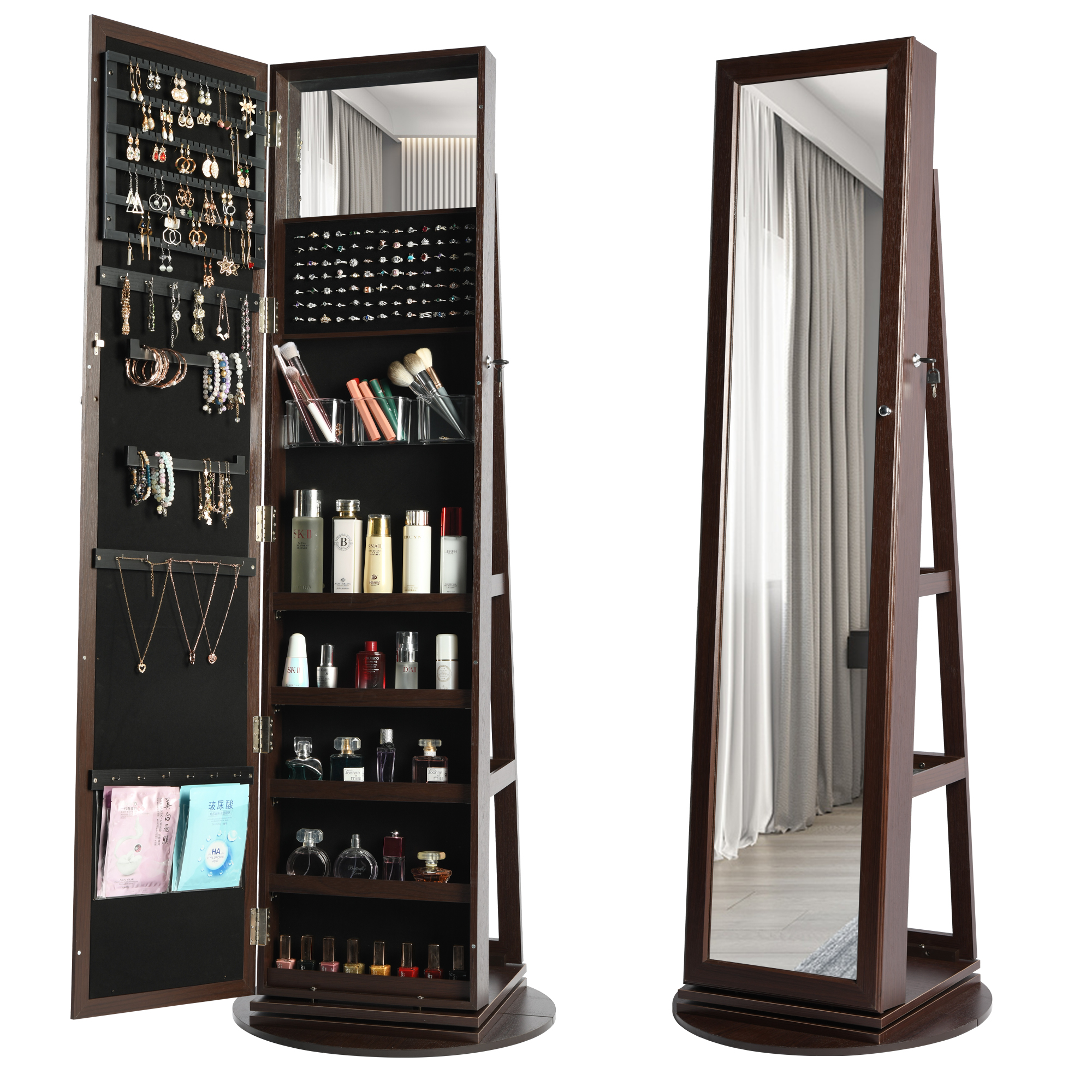 360° Swivel Jewelry with FullLength Mirror, Lockable Jewelry