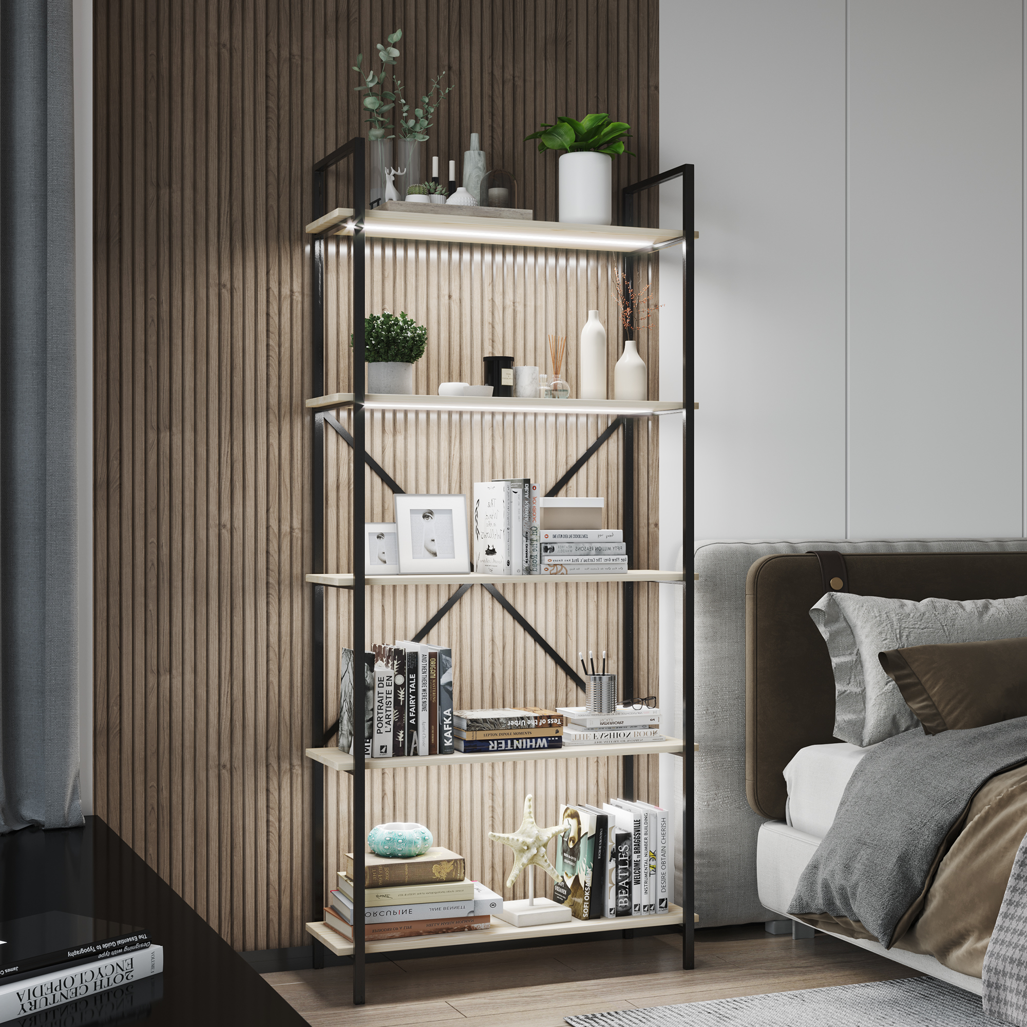 LVSOMT Wood Log Color 5-Shelf Bookcase with Led Light Induction