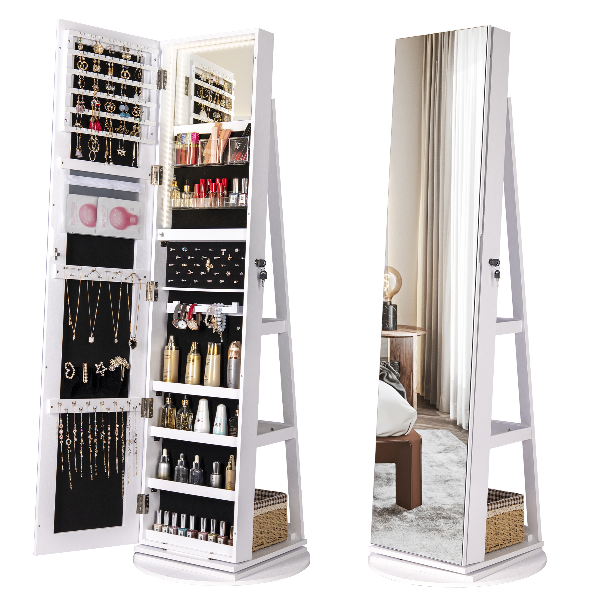 Coat Rack White Free Standing Floor Mirror W/ Storage Cabinet LVSOMT 360° Rotating Jewelry Armoire with Full-Length Mirror Large Capacity Jewelry Organizer Cabinet Hanger Rod Shelves