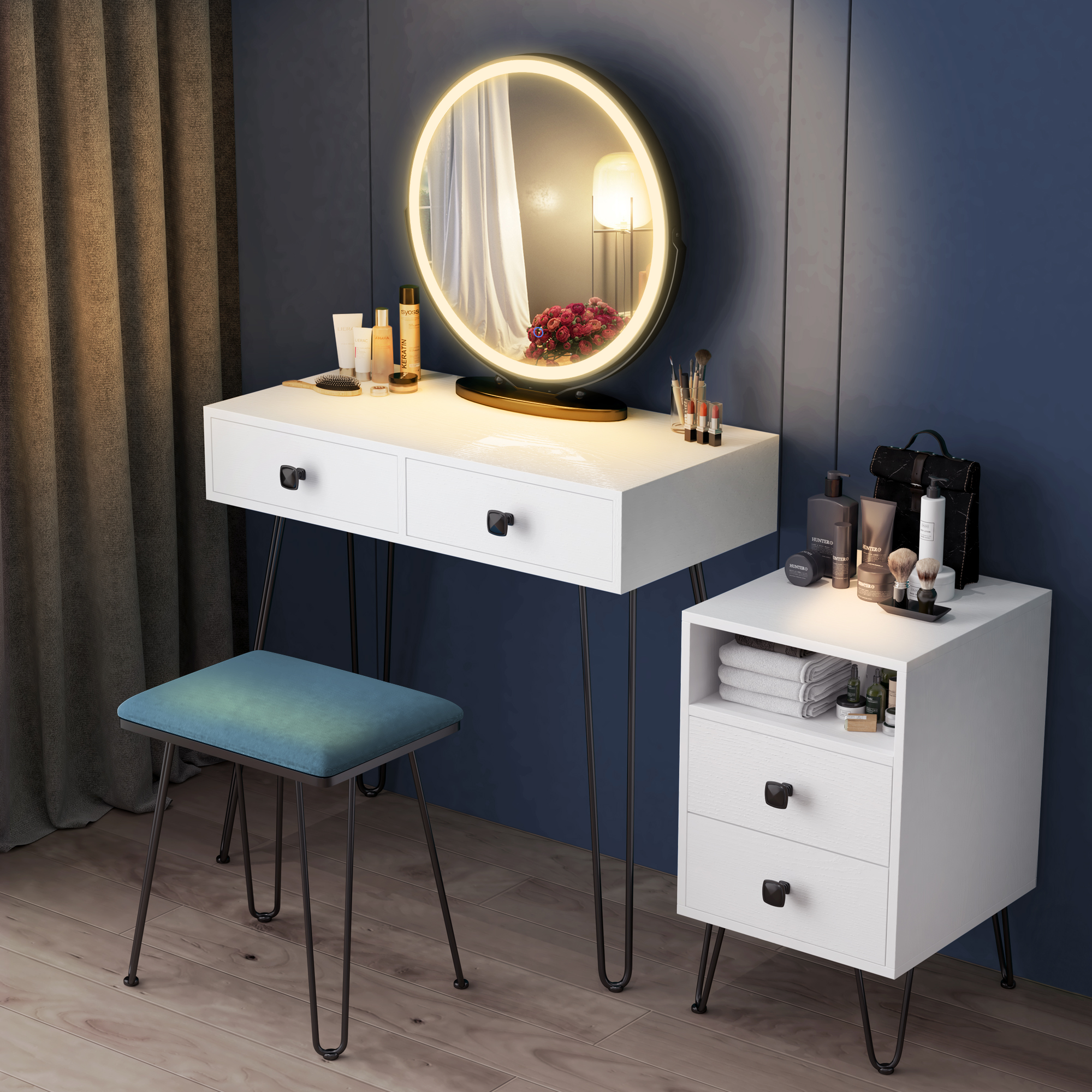 LVSOMT Vanity Desk Sets with Round Lighted Makeup Mirror, 3-in-1 USB Charge  Station, Makeup Dressing Table with Drawers, Bedroom Vainty with Stool  Brown 