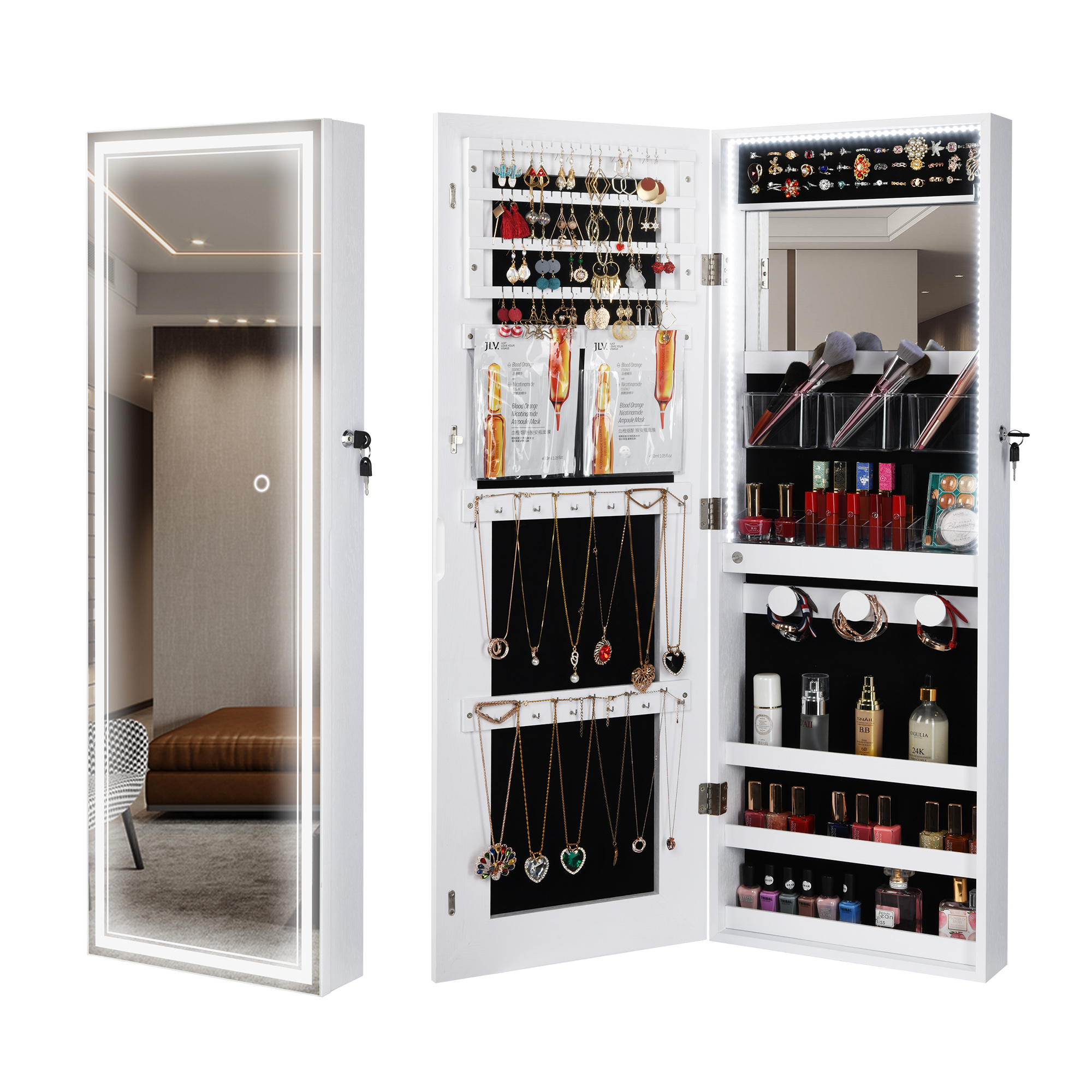 LVSOMT LED White Wall/Door Jewelry Cabinet