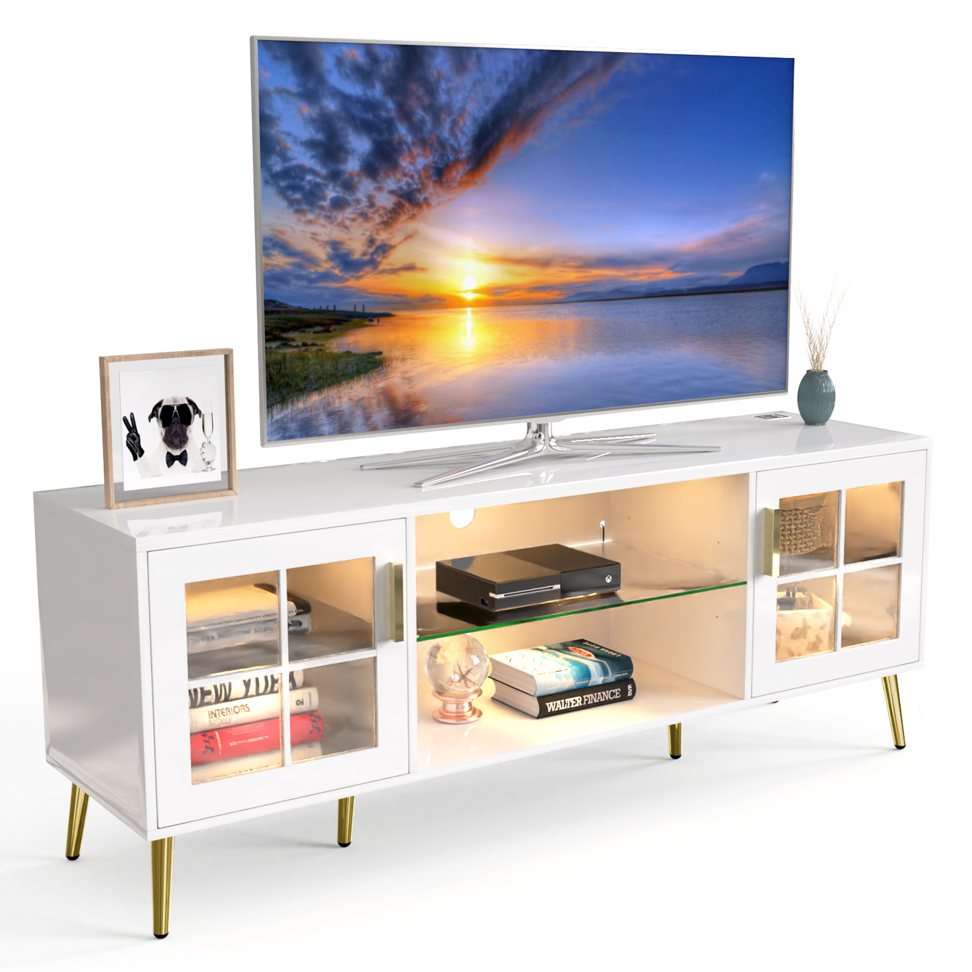 LVSOMT Television Stand With Led Lights White 65" TV