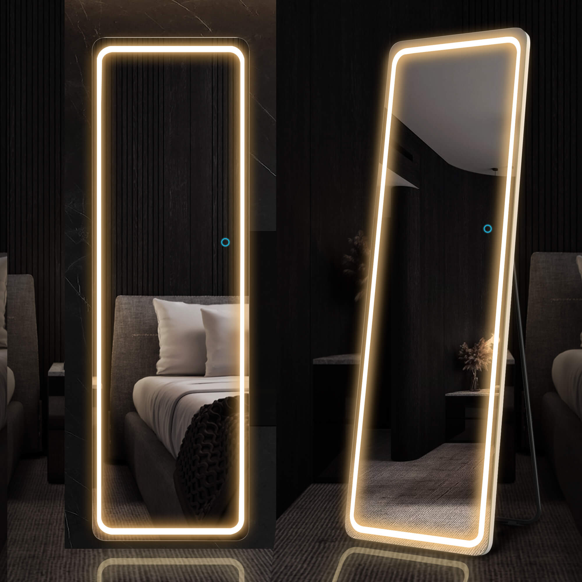 LVSOMT 63"x20" Full-Length Mirror with LED Lights, Free Standing Floor Mirror, Wall Mounted Hanging Mirror, Lighted Vanity Body Mirror, Full-Size Tall Mirror, Big Stand Up Mirror for Bedroom 
