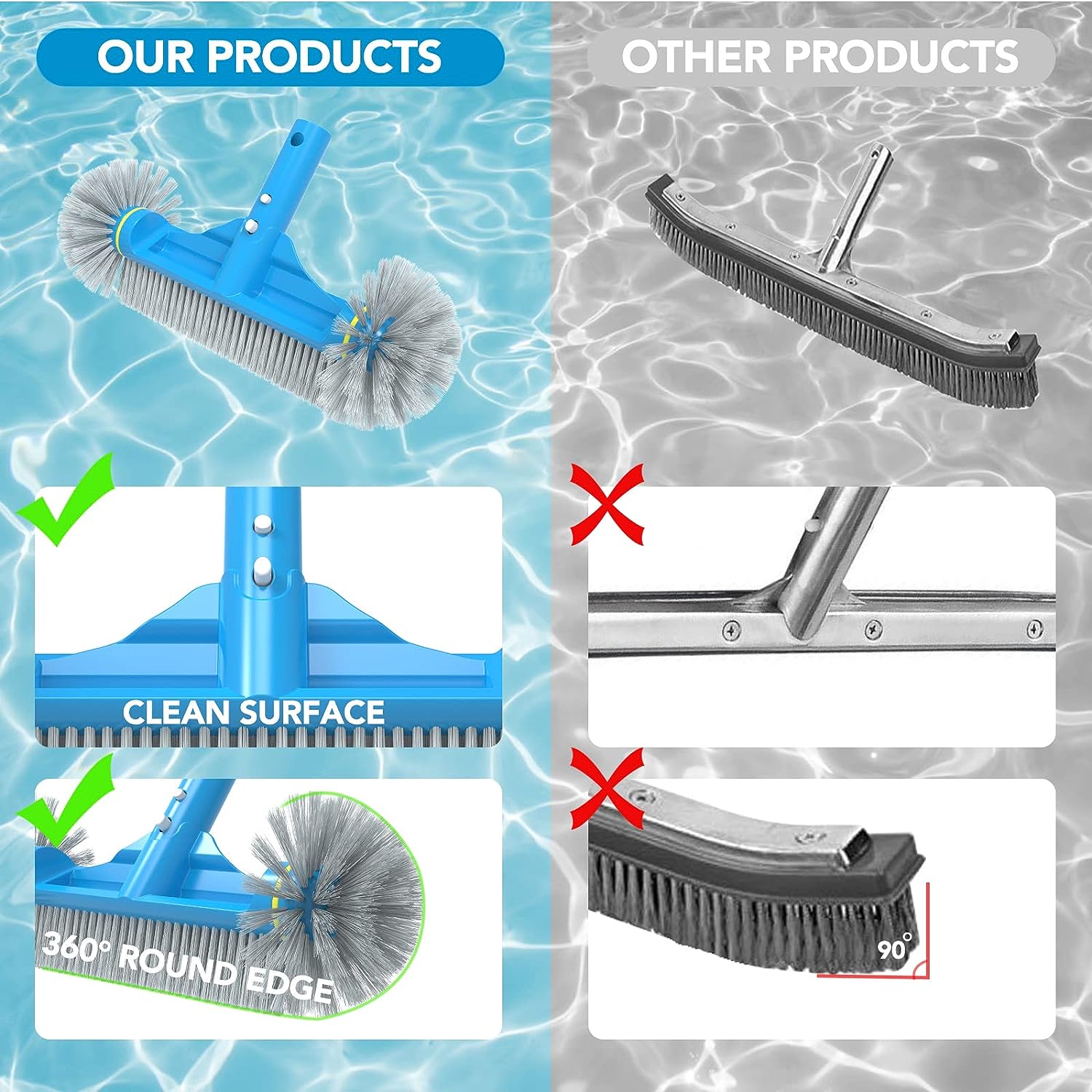 Round End Pool Brush Head Cleaning Pool Wall & Tiles & Steps Durable Nylon Bristles (No Pole)
