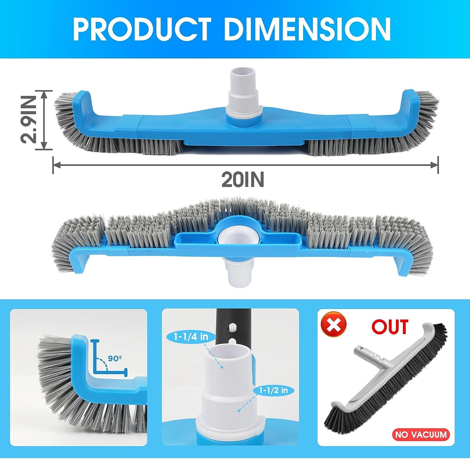 Heavy Duty 20'' 2 in 1 Pool Brush & Vacuum Head with Swivel Adapter, Durable Nylon Bristles(No Pole)