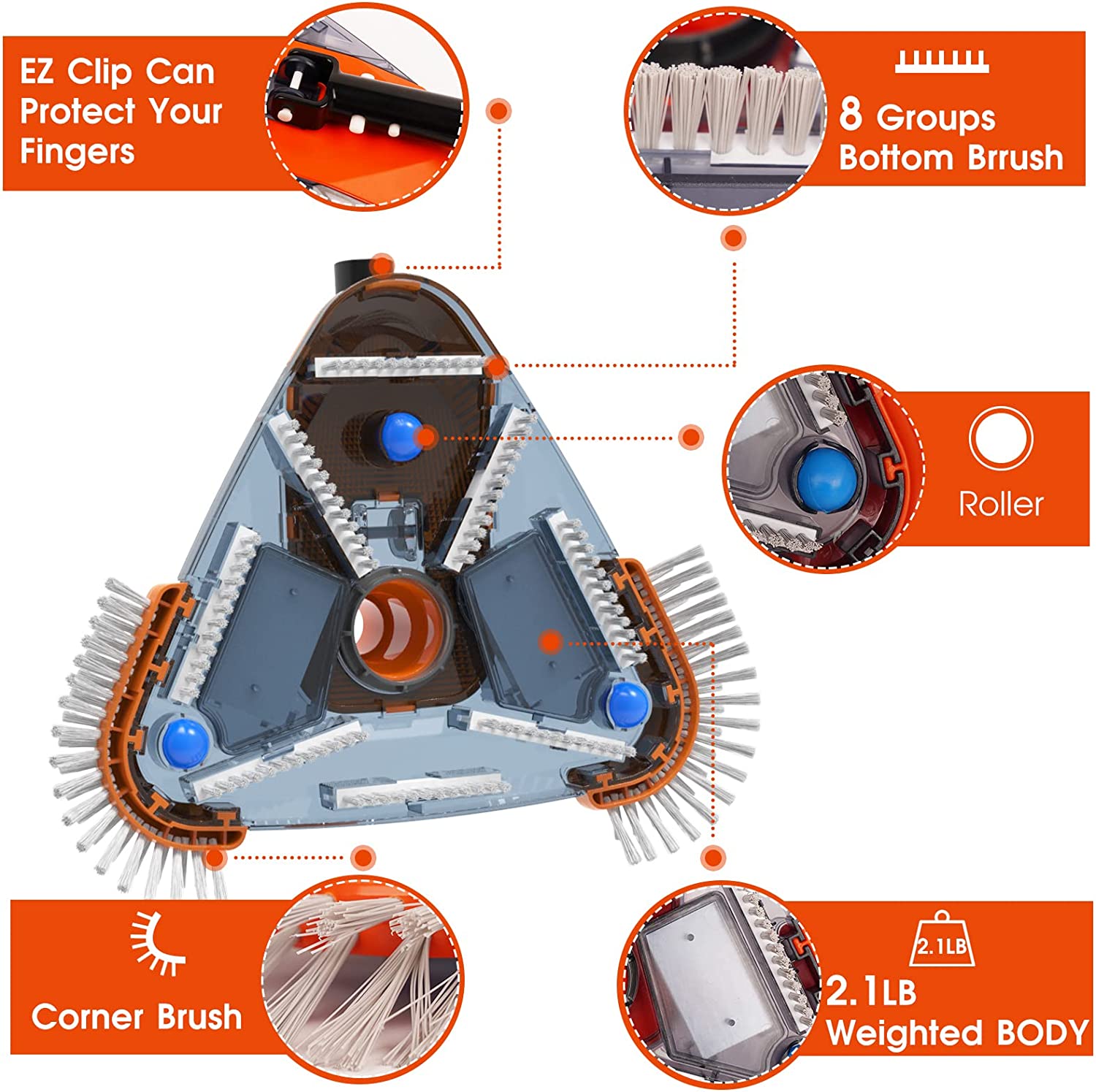 Pool Vacuum Head with Side Brush & Universal Rotatable Hose Adapter