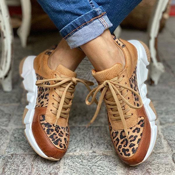 Shoemona Women Leopard Print Colorblock Sneakers