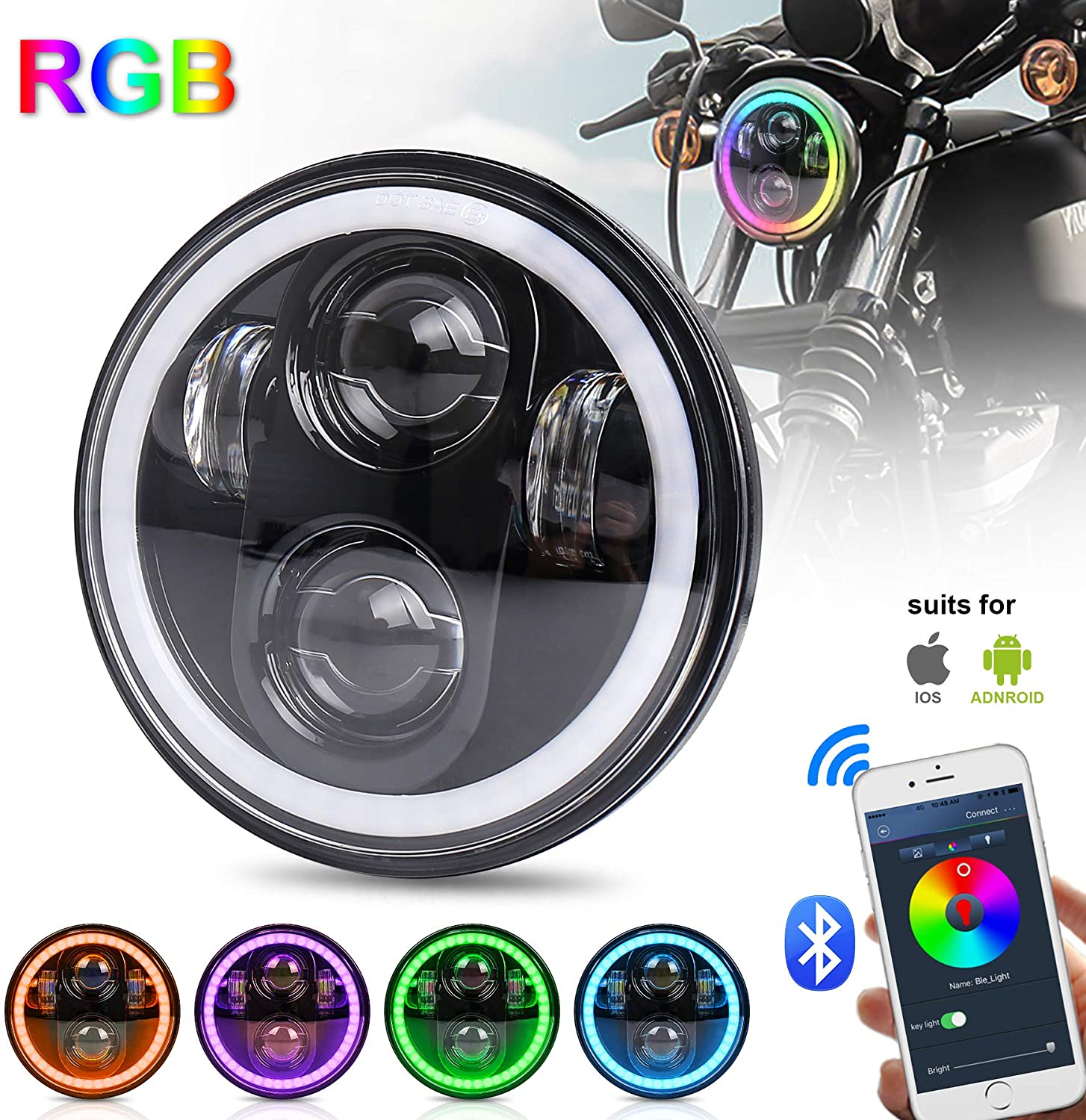 5.75inch RGB Headlight 5 3/4'' led headlight with White DRL RGB Halo Bluetooth Remote Control Music Mode 40W H/L Beam for Harley Sportster Dyna