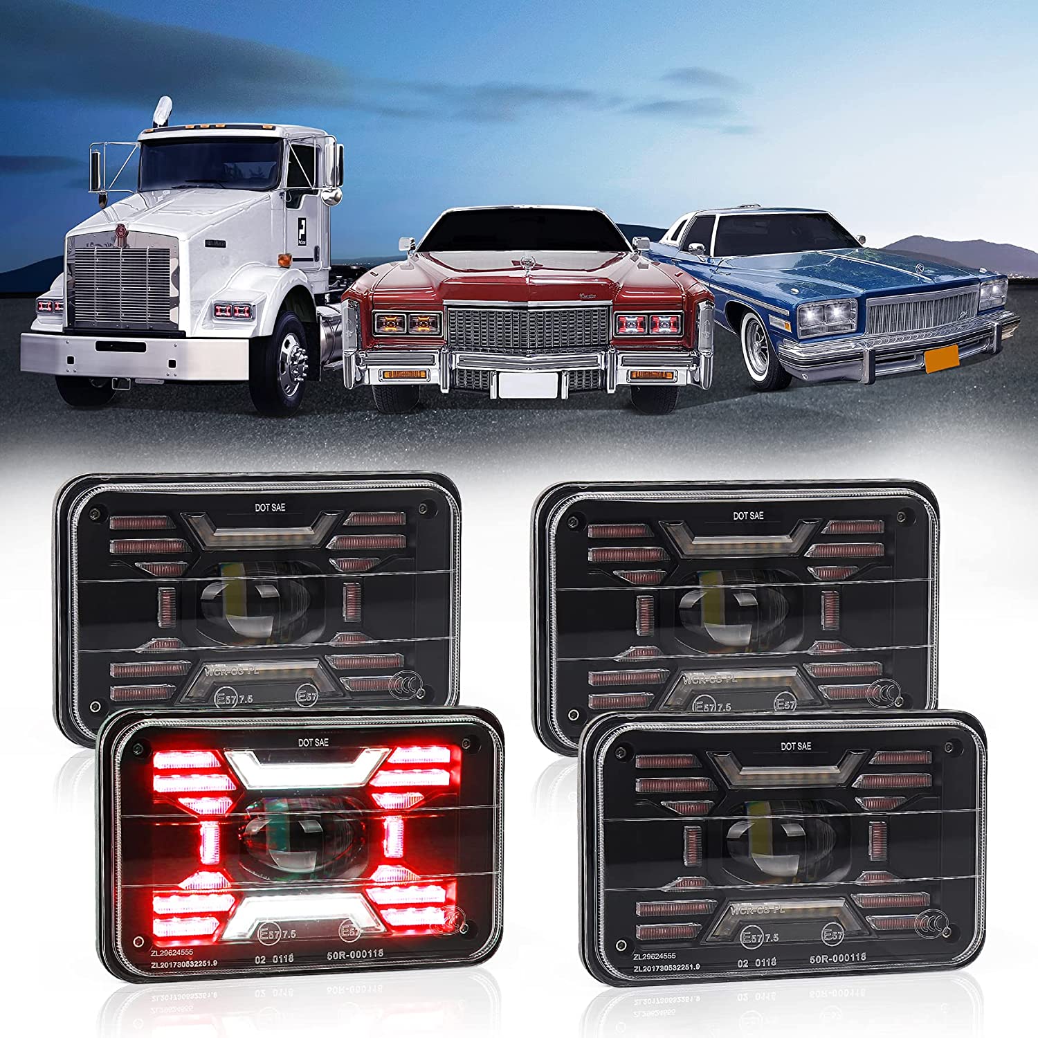 4x6 LED Headlights, 4x6 Unique X Design Sealed Hi/Lo Beam Rectangular LED Headlights with DOT White&Red DRL Compatible With Truck Peterbilt 379 Kenworth Feightliner Ford Monte Carlo Oldsmobile