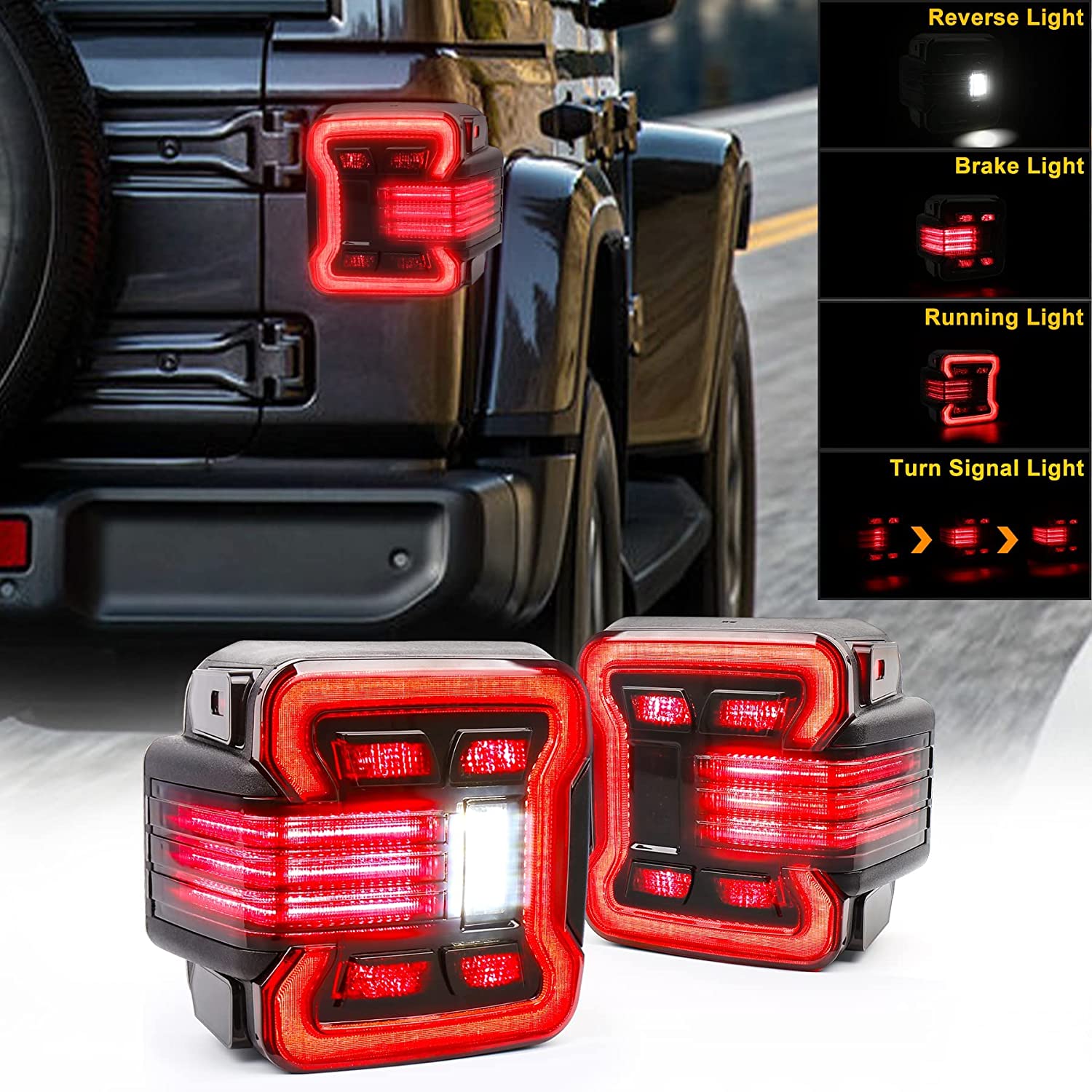 JK Tail Lights, MOVOTOR Smoked Lens LED Tail Lights with Brake Turn Signal Reverse Running Welcome Light Compatible with Jeep Wrangler JK JKU 2007-2018, Built-in EMC