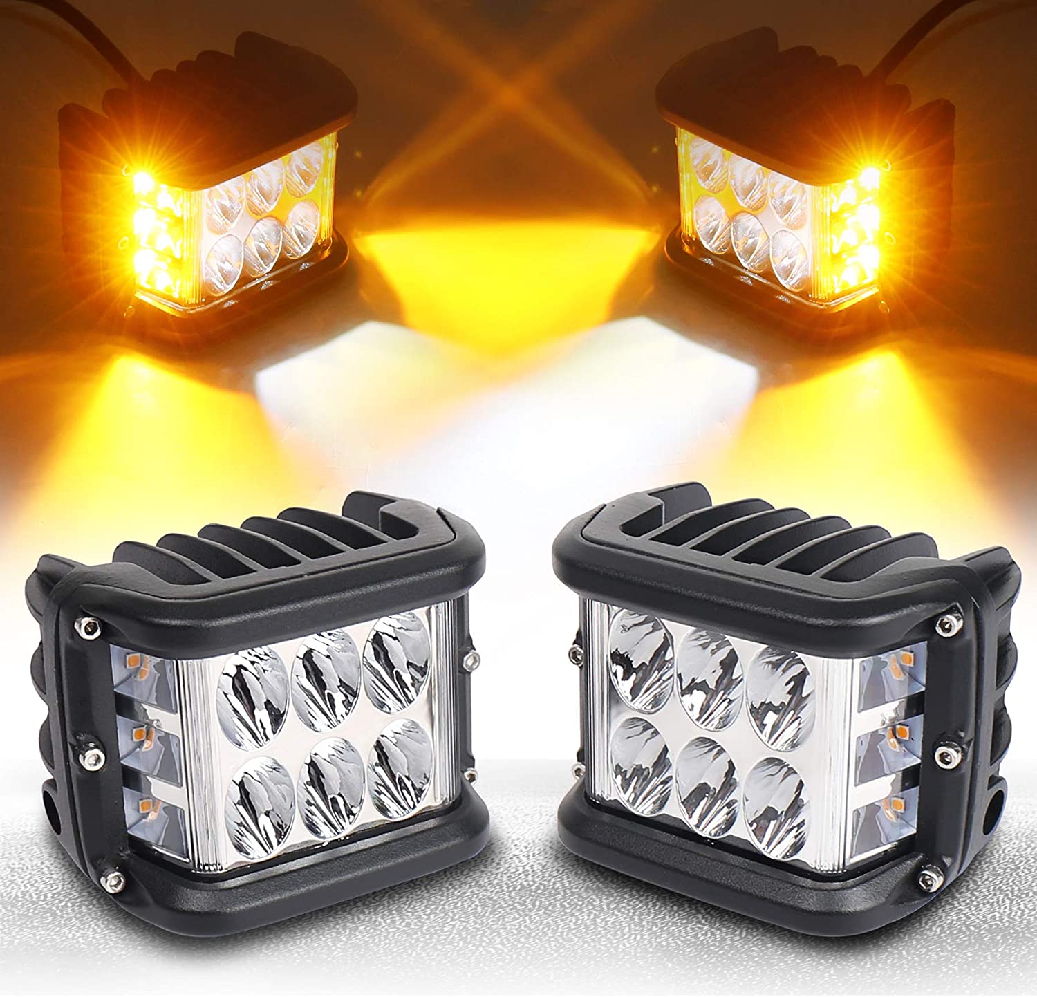 Side Shooter, LED Pods Light 4 inch Off Road Dual Side Yellow DRL with Flash Strobe Function Driving Flood Spot Cube Work Light Bar for Jeep Truck ATV Boat