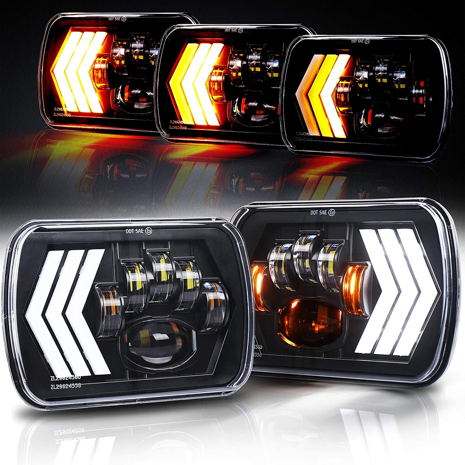 7x6 Led Headlights 5x7 Seam Beam with White DRL Amber Background & Sequential Turn Signal Light for Cherokee XJ Wrangler YJ Toyota GMC Truck
