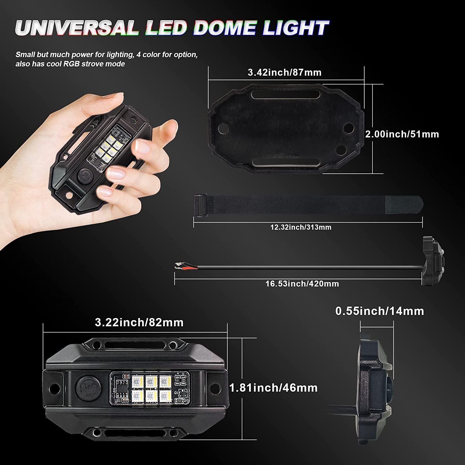 RGB White UTV Dome Light, POVTOR Universal Switch RGB Strobe Roll Bar