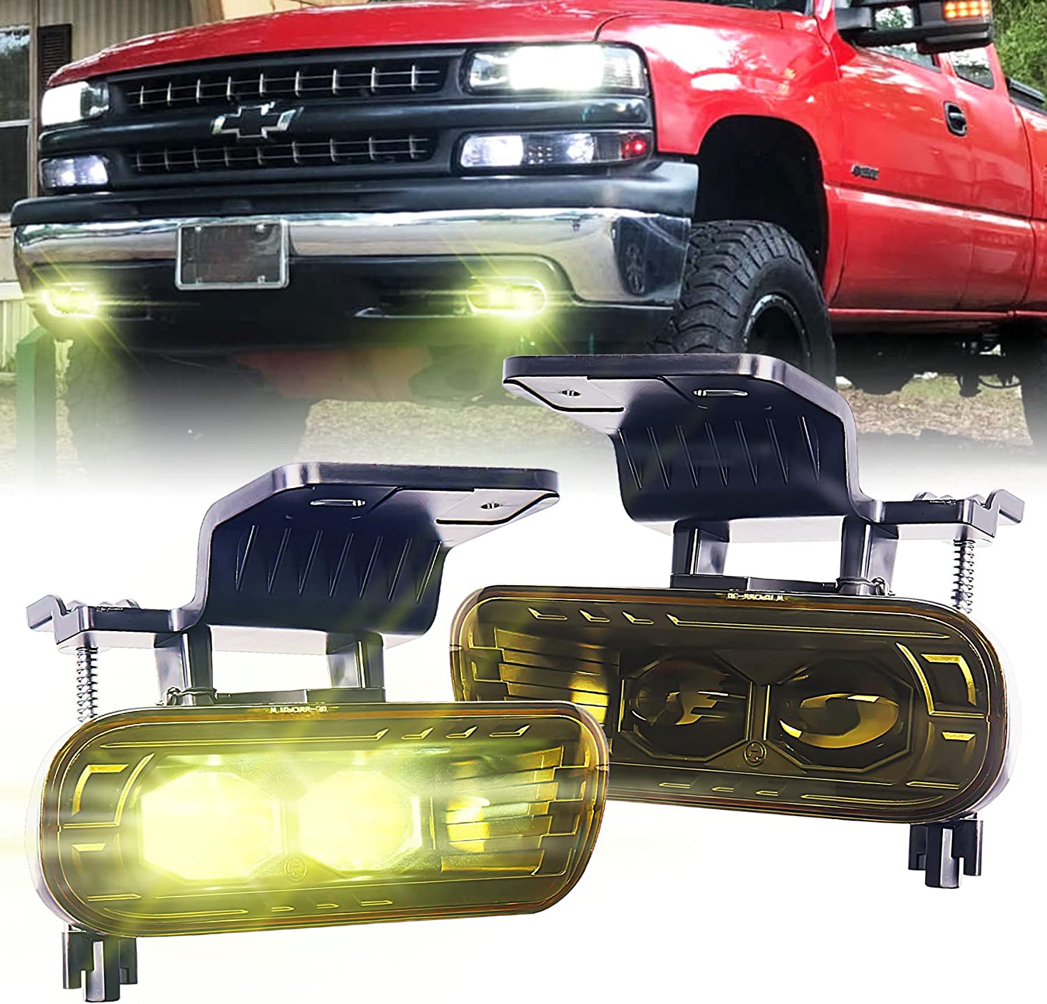 LED Fog Light Replacement, Yellow fog light Anti-Glare with Dual Projector Compatible with 1992-2002 Chevy Silverado, 2000-2001 Silverado 3500, 2000-2006 Chevrolet Suburban Tahoe