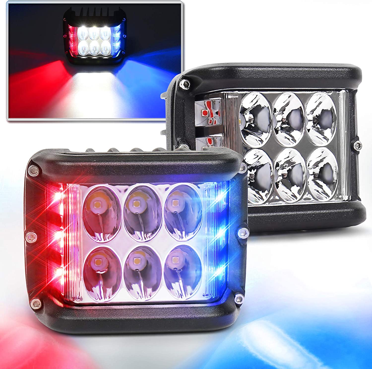 Side Shooter Lights, LED Light Pods with Strobe Blue&Red Strobe Emergency Light Off Road Driving Light for Trucks Jeep SUV ATV 4X4