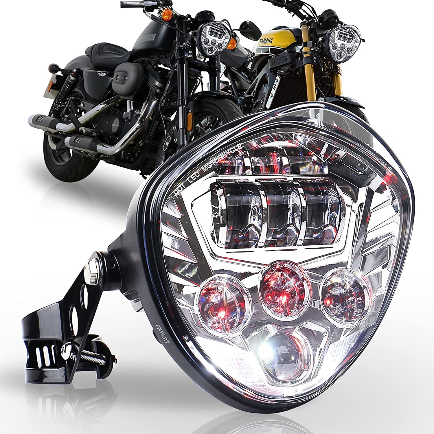Motorcycle LED Headlight 7inch Hi Lo Beam White&Red DRL with Universal Motorcycle Mounts Bracket Compatible with Harley Honda Kawasaki Suzuki Yamaha