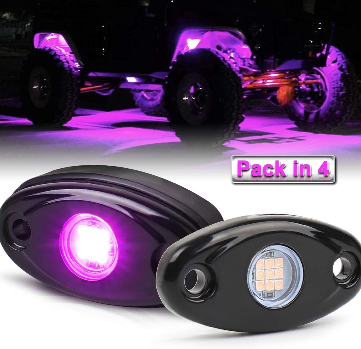 LED Rock Lights, 4 Pods Purple LED Neon Underglow Light Kits Waterproof IP68 for Jeep Off Road ATV SUV Trucks Cars Motorcycle Rock Light kit