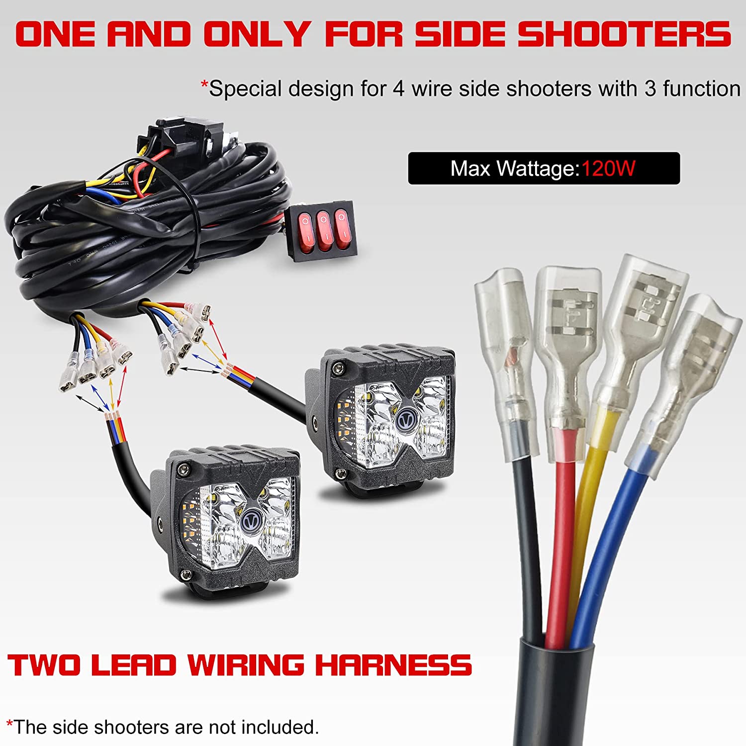 2 Leads Wiring Harness Kit with 3 On Off Switches, 12V 4 Wires LED Sid
