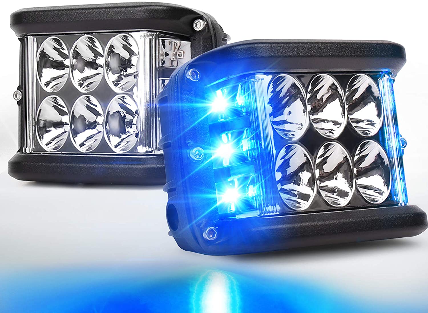 Side Shooter LED Lights with Dual Side Blue DRL with Strobe, 30W Off Road Flood Spot Driving Light Pods for Jeep Truck SUV ATV UTV 4x4