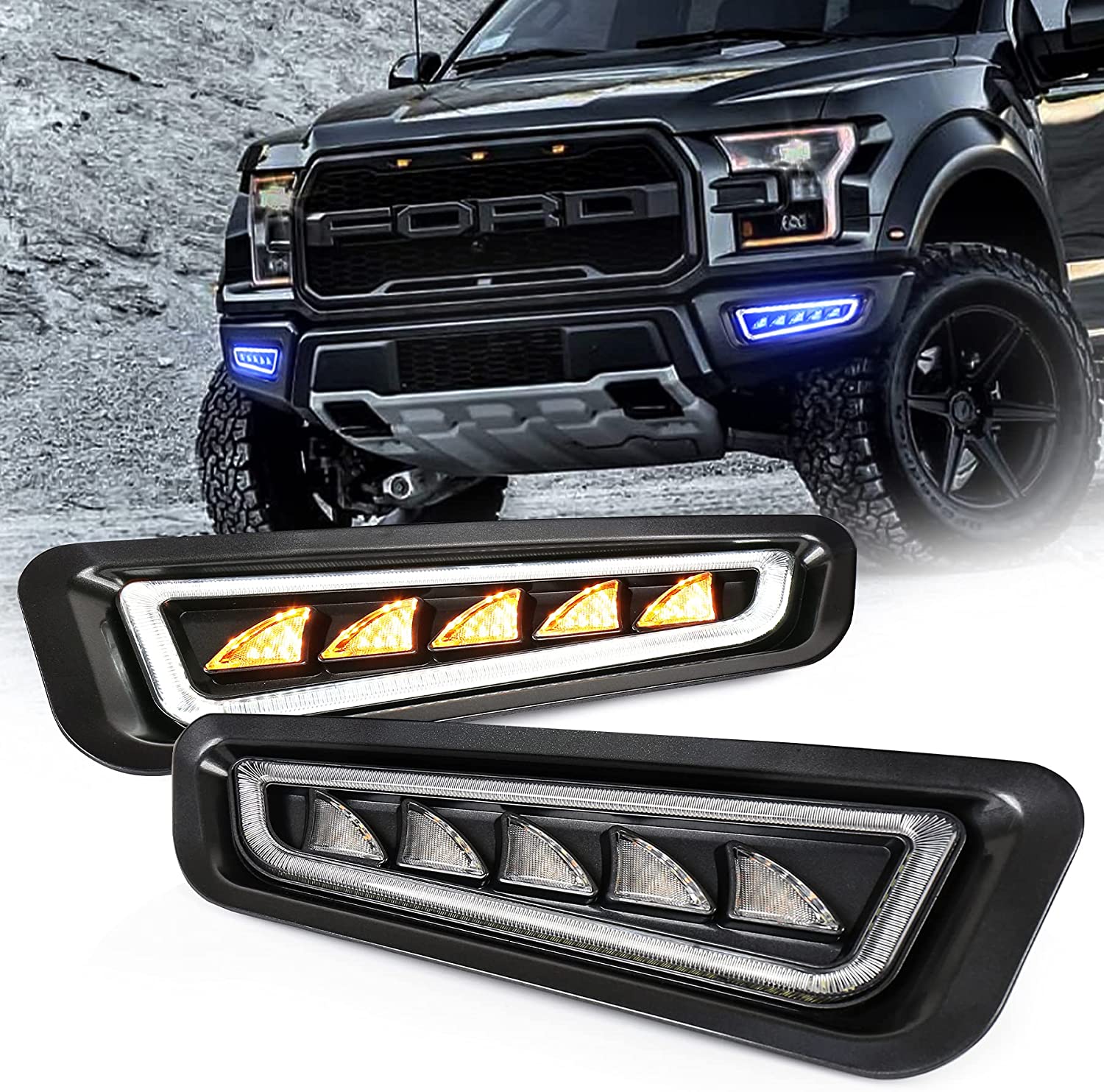 Ford Raptor Fog Lights with Ice Blue/White Raptor Bumper Lights Amber Sequential Turn Signal Fits Gen 2 Ford Raptor 2017 2018 2019 2020