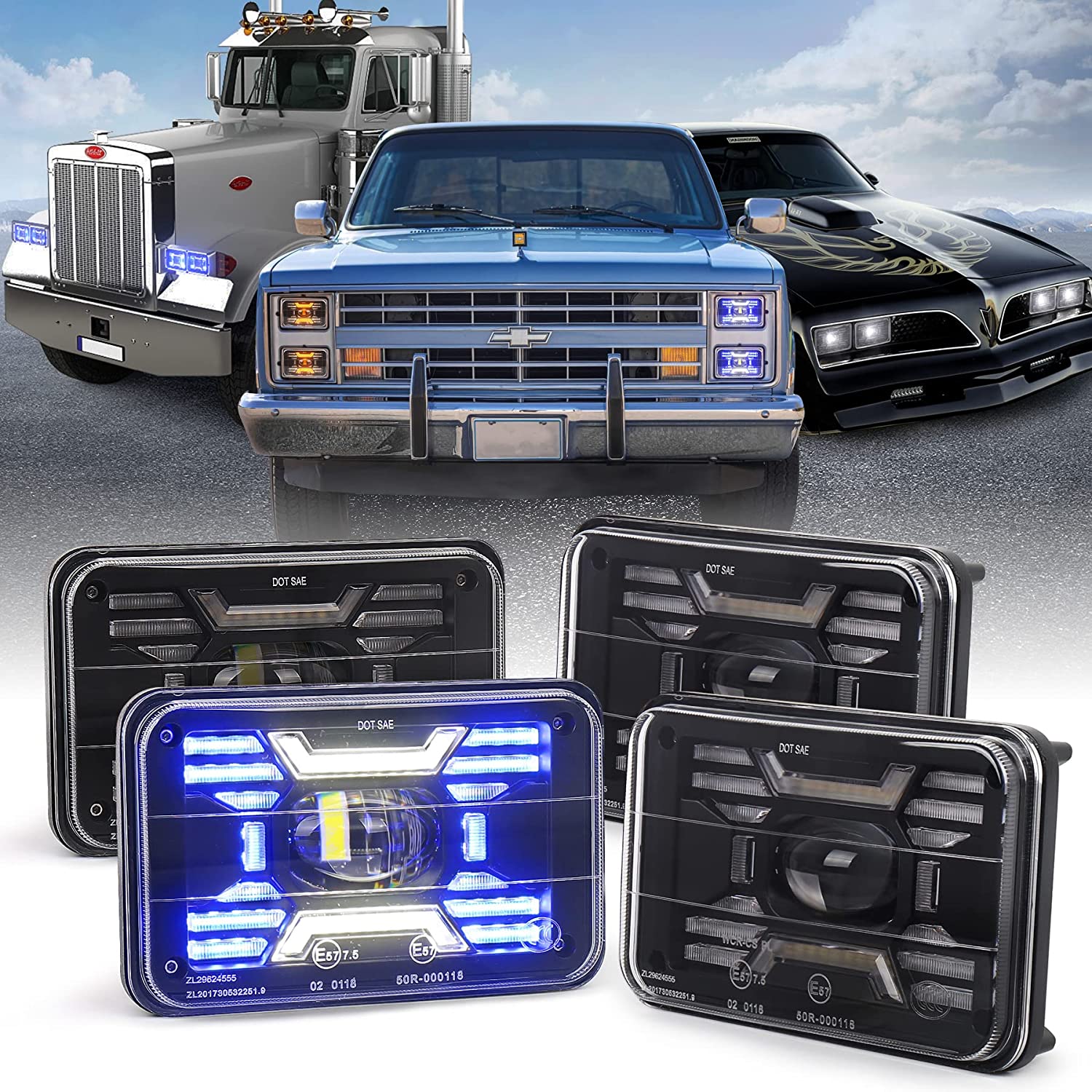 4x6 inch LED Headlights, Square Headlights Exclusive X Design White&Blue DRL Amber Turn Signal Compatible with Truck Peterbilt Kenworth Ford Monte Carlo Oldsmobile