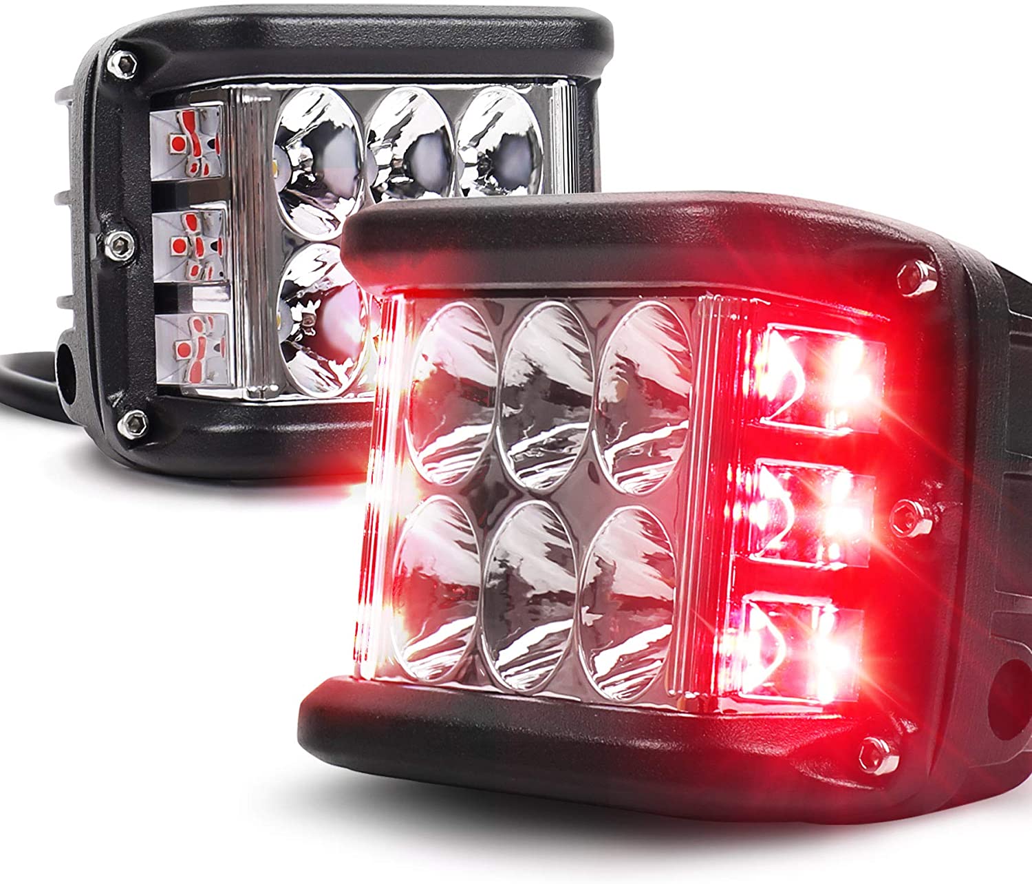 Side Shooter LED Pod Lights With Strobe Dual Side Red DRL, 4inch Off Road Flood Spot Driving Work Lights for Truck ATV SUV UTV 4x4
