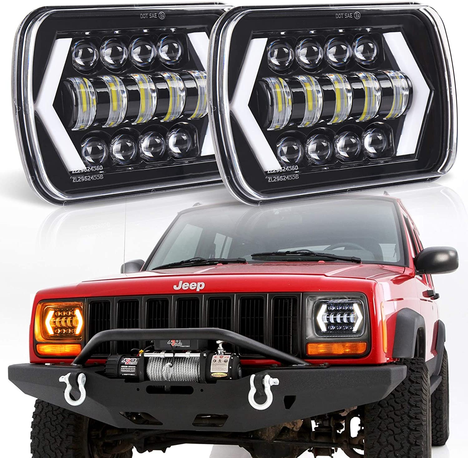 7x6 inch LED Headlights, 5x7 inch Halo Square LED Headlamp with Arrow DRL Turn Signal Light Replaces H6054 H5054 H6054LL 69822 Fit Trucks Wrangler XJ YJ Sedans GMC