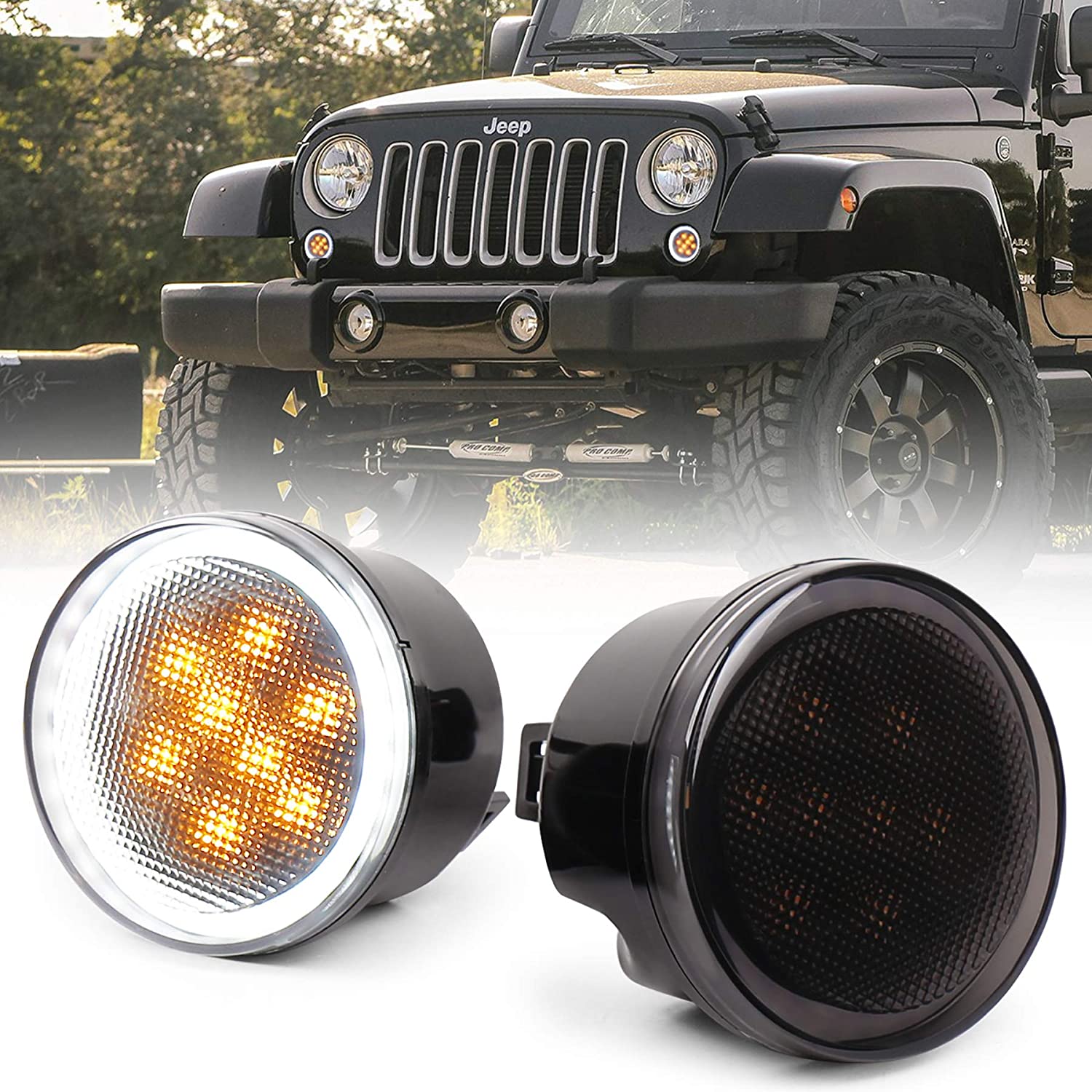 Jeep Turn Signal Lights White Halo Amber LED Smoke Lens Front Grille Parking Lights for 2007-2018 Jeep Wrangler JK & JK Unlimited