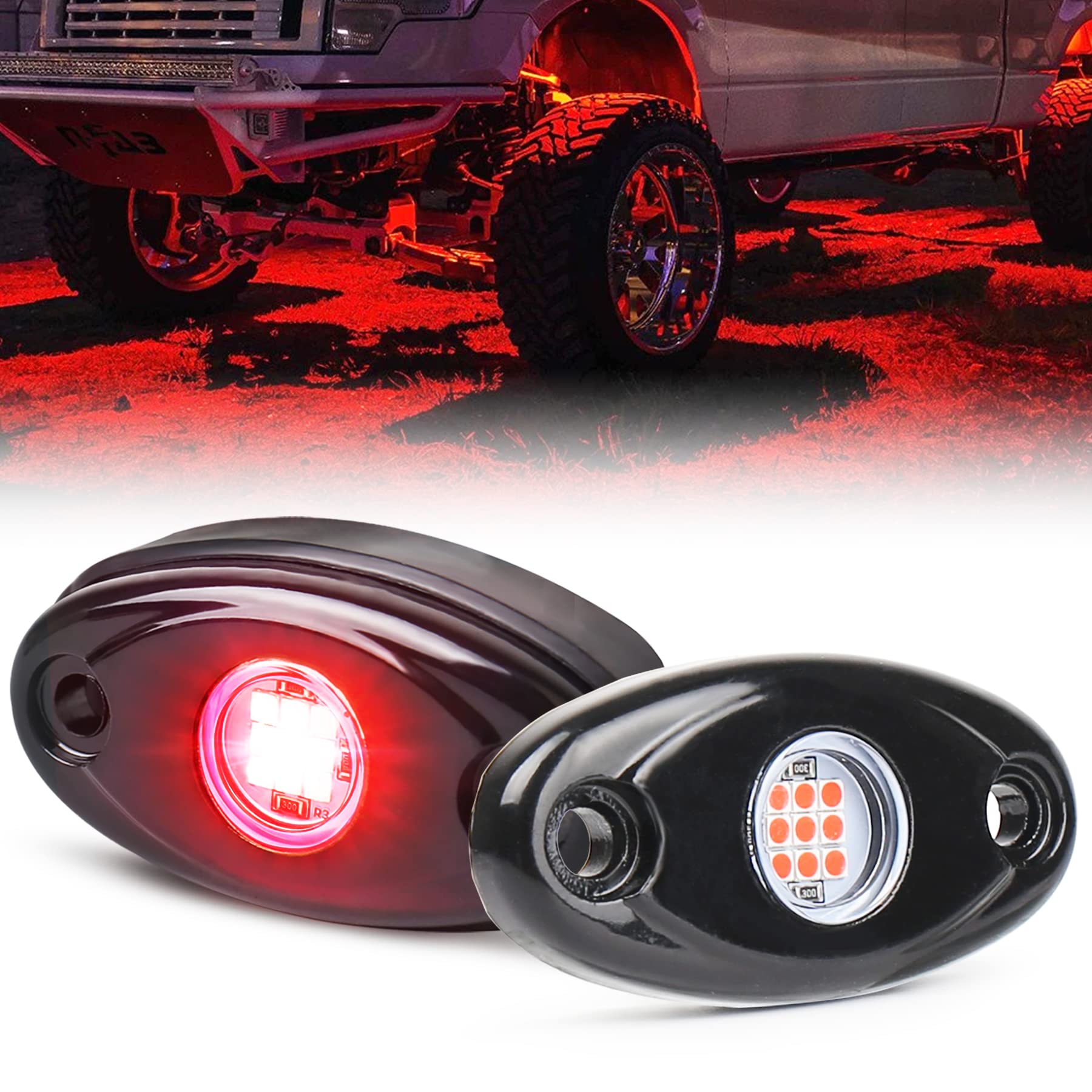 2 Pods LED Rock Lights, MOVOTOR Red Rock Lights Waterproof IP68 Neon Underglow Lights Compatible with Off Road Truck Pickups Cars ATV UTV SUV Motorcycle Boat