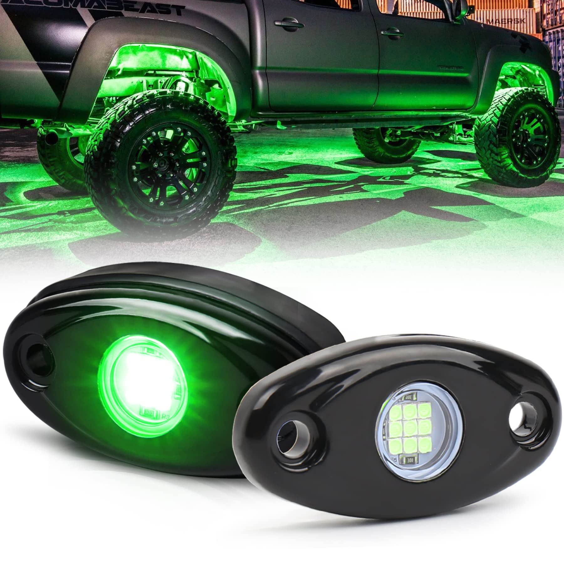 2 Pods LED Rock Lights, MOVOTOR Green Off Road Rock Lights Waterproof IP68 Underglow Light Kit Compatible with Truck Pickups Cars ATV UTV SUV Motorcycle Boat