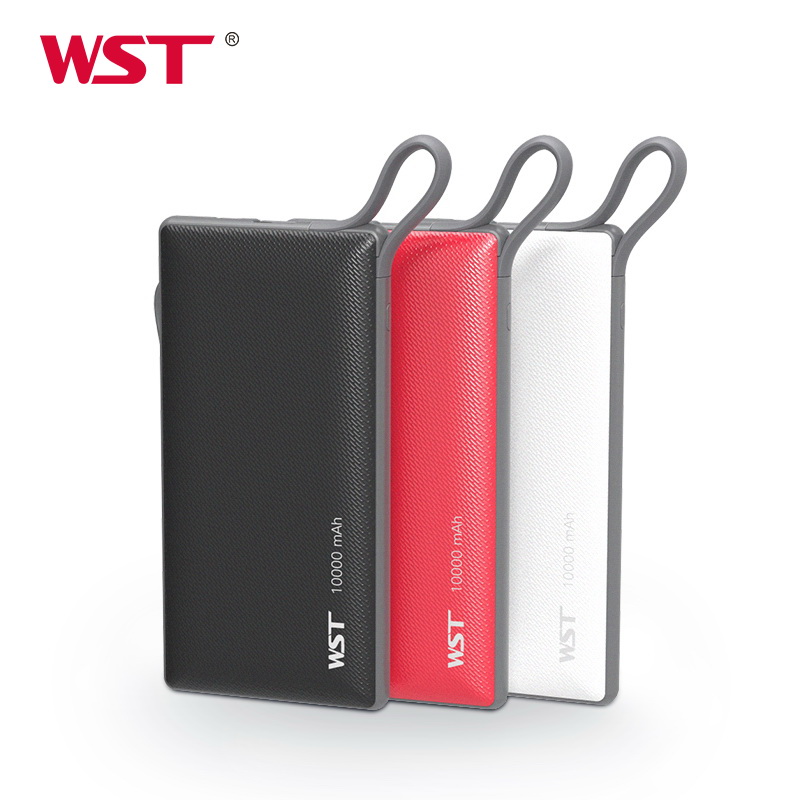 High capacity leather 10000mah mobile slim power bank built in cable WST PB922A