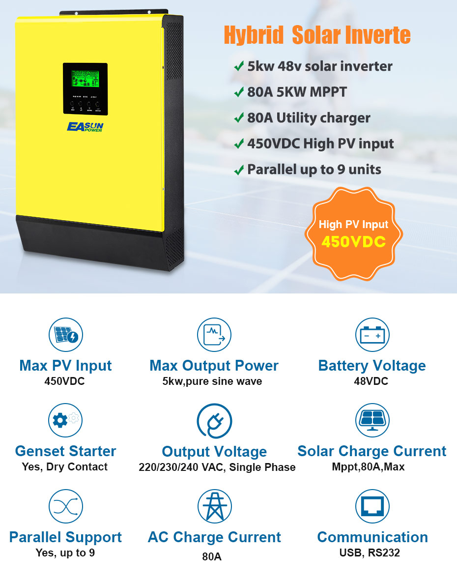 5KW Hybrid Solar Wechselrichter 48V 230V AC 80A MPPT 450VDC PV-Eingang 