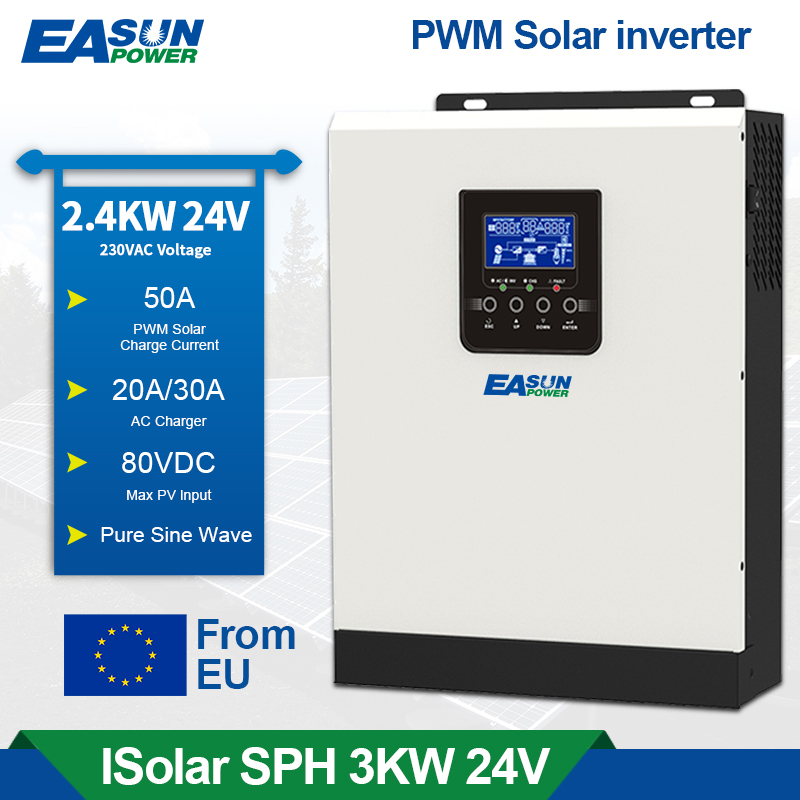 Easun Power PWM 3KVA 2400W 24V Solar Inverter Off-Grid Hybrid 220V 80A Charging Current In EU-EASUN POWER Official Store