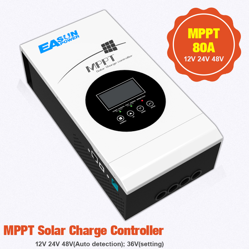 MPPT Solar Controller 80A 12V/24V/48V Solar Charger Battery 36V setting Charger Max 150VDC Auto Focus Tracking for Lithium, Sealed, Gel, Flooded Battery with Programmable LCD Display