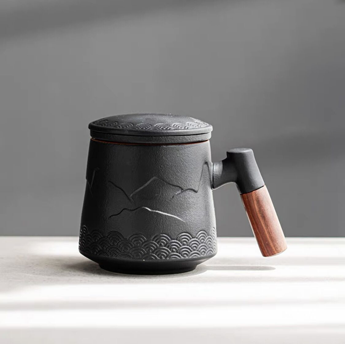 “Mountain” - Handmade Embossed Ceramic Tea Mug With Wooden Handle and Removable Infuser-TeaTsy Official Website