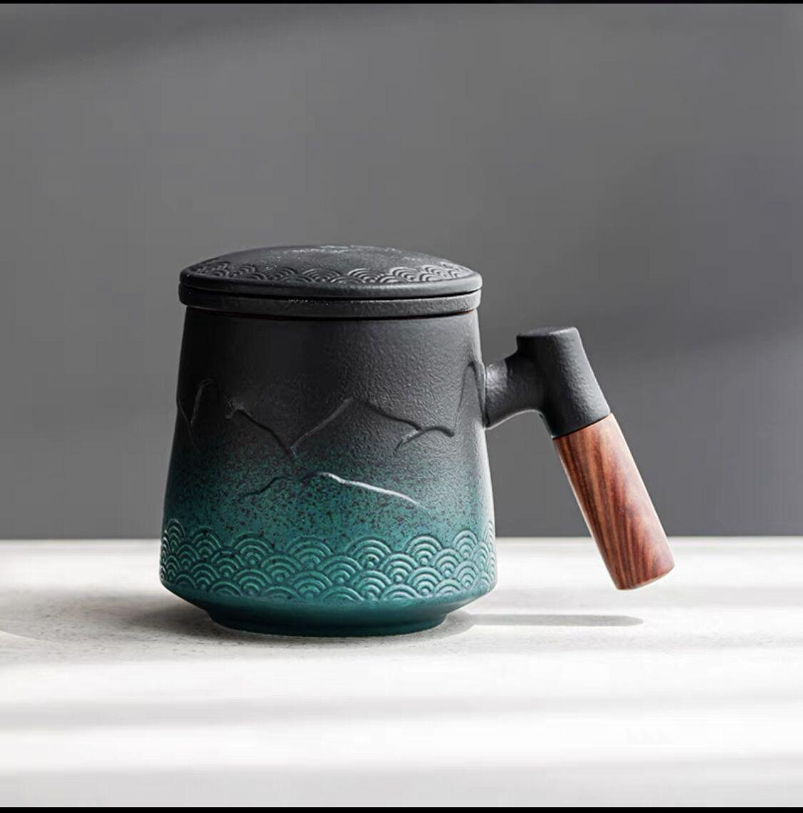 “Mountain” - Handmade Embossed Ceramic Tea Mug With Wooden Handle and Removable Infuser-TeaTsy - For A Good Cup of Tea