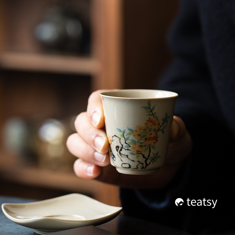 Vintage Grasswood Gray Glazed Tea Cup With Traditional Chinese Watercolor Paintings (60ml)-TeaTsy Official Website