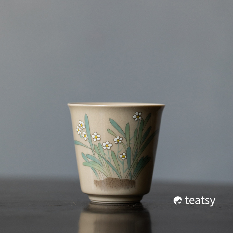 Vintage Grasswood Gray Glazed Tea Cup With Traditional Chinese Watercolor Paintings (60ml)-TeaTsy Official Website