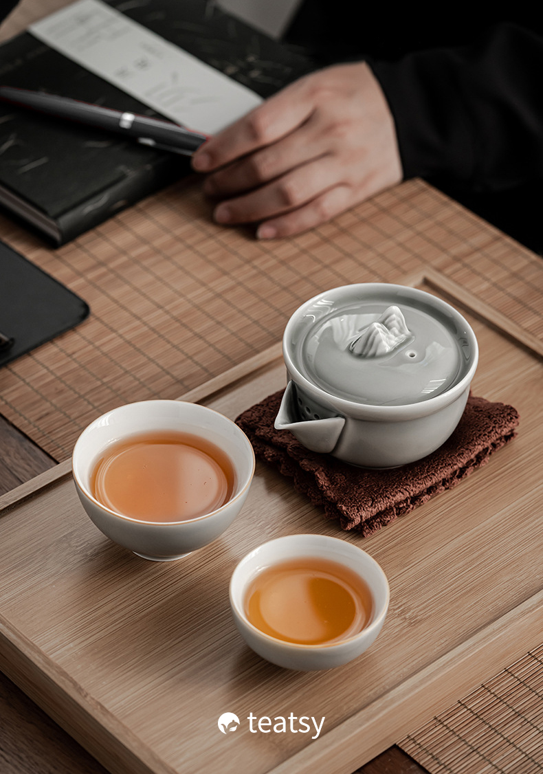 [SALE]“Mountain Silhouette”Handmade Ice-gray Glaze Ceramic Easy Brew Gaiwan Teaset (Double-cup) With Protective Case-TeaTsy Official Website