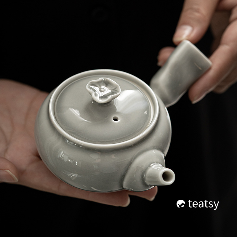 [SALE]“Lotus Rhyme” Handmade Ice-gray Glaze Ceramic Teapot With Side Handle-TeaTsy Official Website
