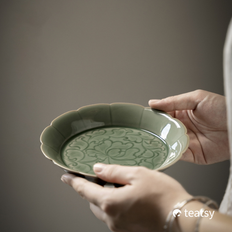 [SALE]“Peony” - Hand-embossed Antique Style Yue Klin Celadon Teapot Holder/Tea Basin/Tea Tray-TeaTsy Official Website